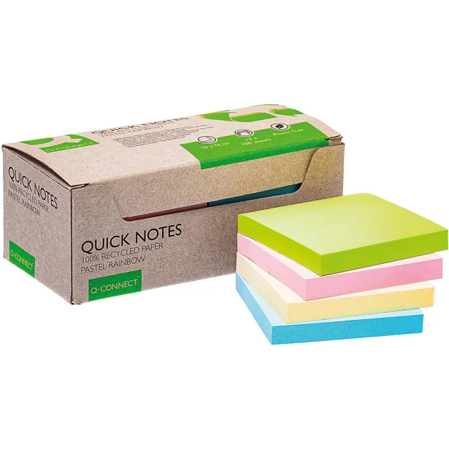 Q-CONNECT Quick Notes Recycled pastel, ft 76 x 76 mm, 100 vel, doos van 12 stuks in geassorteerde kleuren blauw