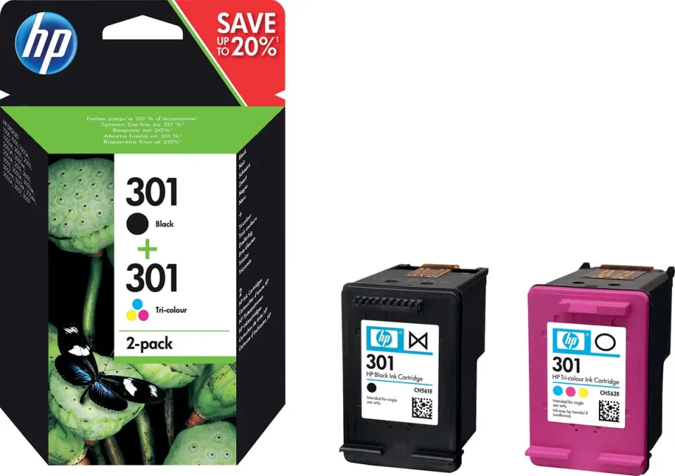 Hp inktcartridge 301, 165-190 pagina's, OEM N9J72AE, 1x zwart en 1 x 3 kleuren