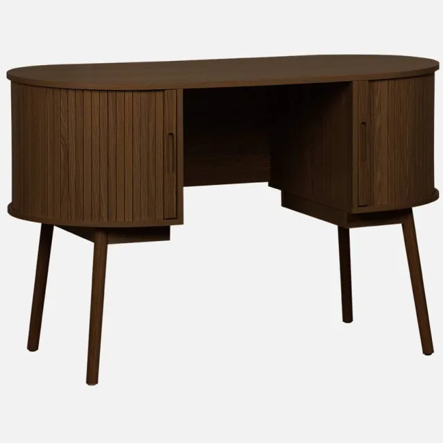 sweeek Ovaal bureau met gegroefd houteffect en twee opbergruimtes, l 120cm x b 55 x h 77 cm - legacy Walnoot