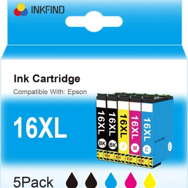 INKFIND 16XL Inktcartridge voor Epson16 Epson16XL Epson 16XL Epson1631 1632 1633 1634 Multipack van 5 stuks Geschikt voor Epson Workforce WF-2010W, WF-2510WF, WF-2520NF, WF-2530WF, WF-2540WF, WF-2630WF, WF-2650WF, WF-2660WF, WF-2750DWF, WF-2760DWF Zwart x 2, Cyaan x 1, Magenta x 1, Geel x 1