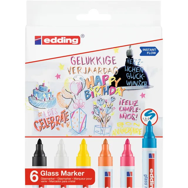 Edding Viltstift edding 95 glasbord rond 1.5-3mm inclusief wit en zwart assorti set à 6 stuks