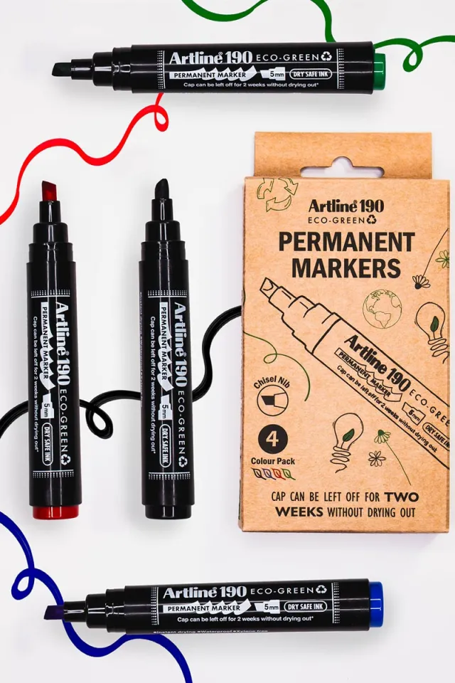 Artline permanent marker Drysafe 190 Eco-Green, 2-5 mm, schuine punt, assortie, blister van 4 stuks blauw