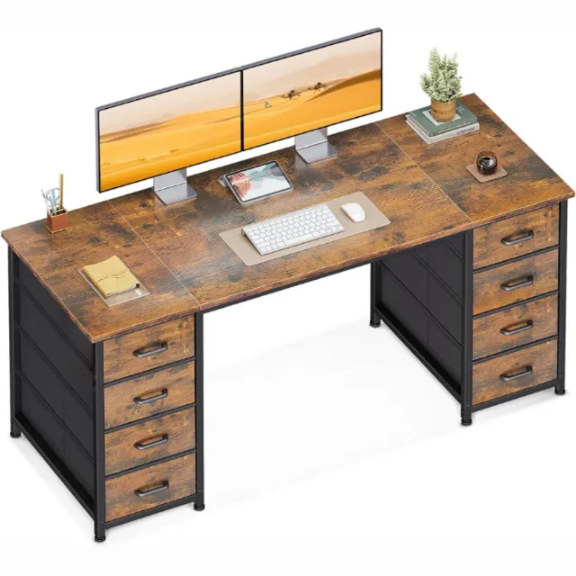 Coleshome bureau met 8 stoffen lades, 160 x 80 cm, bruin bureau met opbergruimte, computertafel, bureautafel, pc-tafel, kantoortafel voor kantoor, woonkamer, thuiskantoor