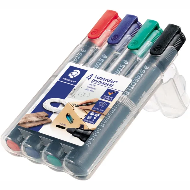 Staedtler Lumocolor 352, permanent marker, ronde punt, 2 mm, etui van 4 stuks in geassorteerde kleuren blauw