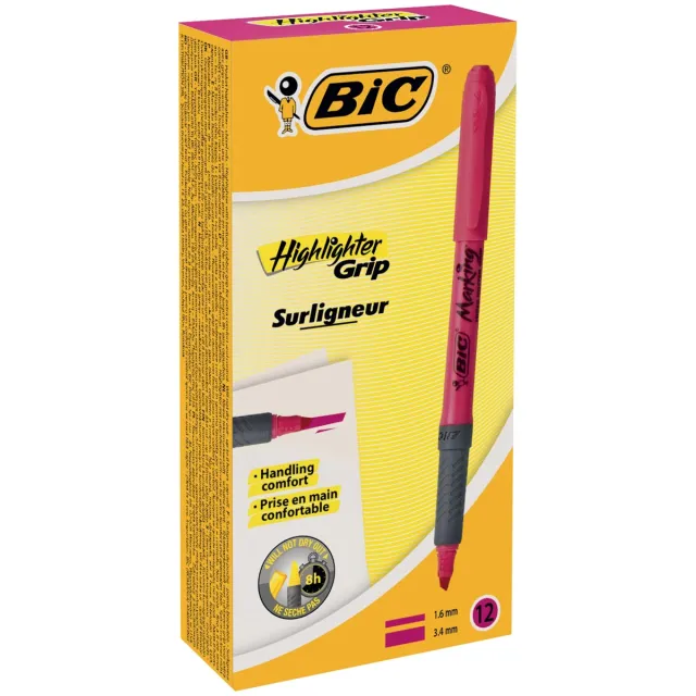 Bic markeerstift Highlighter Grip, roze, doos met 12 stuks