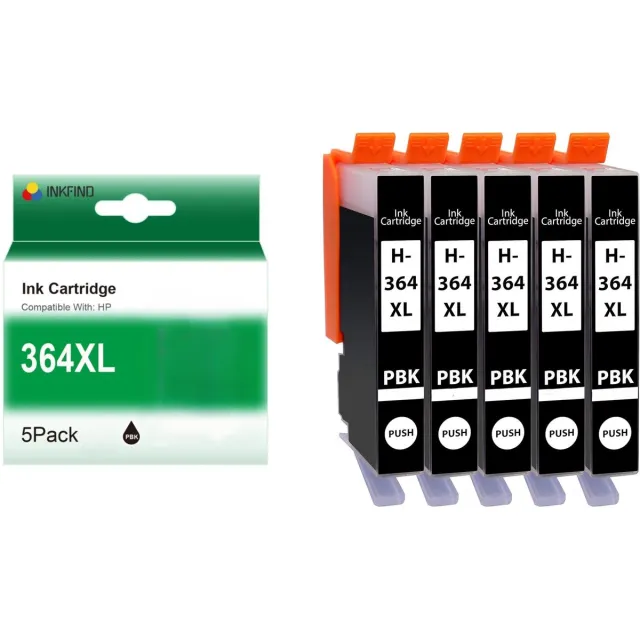 INKFIND 364XL PBK CB322EE inkt cartridge van 5 stuks (PBK foto Zwart x 5) Geschikt voor HP364 HP 364XLPBK HP364XLPBK CB322EE (Niet zwart cartridge, alleen geschikt voor 5-kleurenprinters) - 5 Pack Photo Black foto Zwart (PBK) x 5