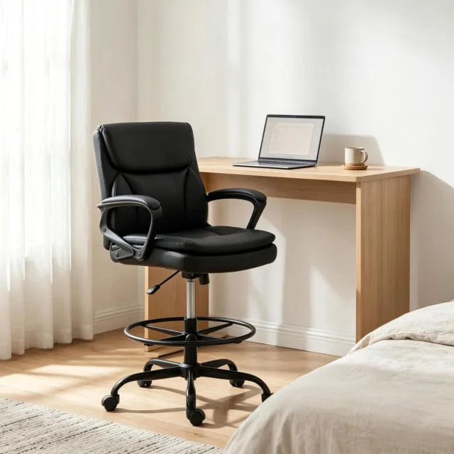 DESMIU Bureaustoel Met Voetring En Wielen - Hoogteverstelbaar 54 Tot 69 Cm - Ergonomisch Voor Hoge Tafel En Bureau - Metaal Kunststof - Zwart