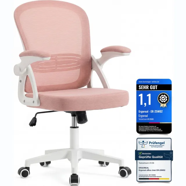 Ergoreal Bureaustoel - Ergonomische Stoel - Fauteuil met 90° opklapbare armleuning - In hoogte verstelbaar - Roze