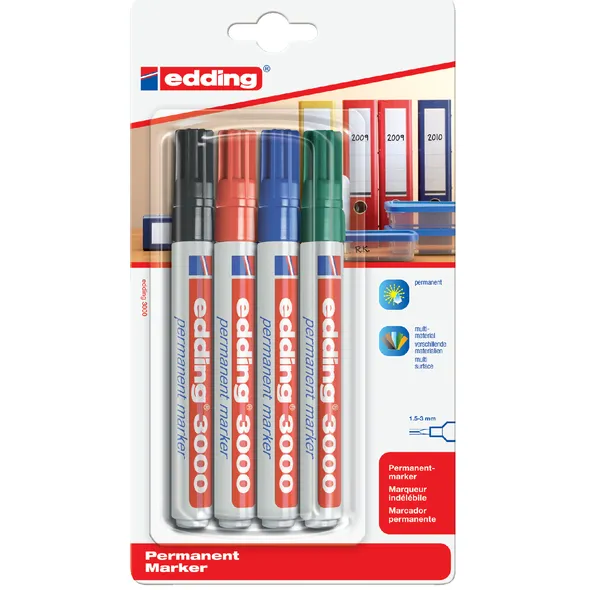 Edding Viltstift edding 3000 rond 1.5-3mm assorti blister à 4 stuks blauw