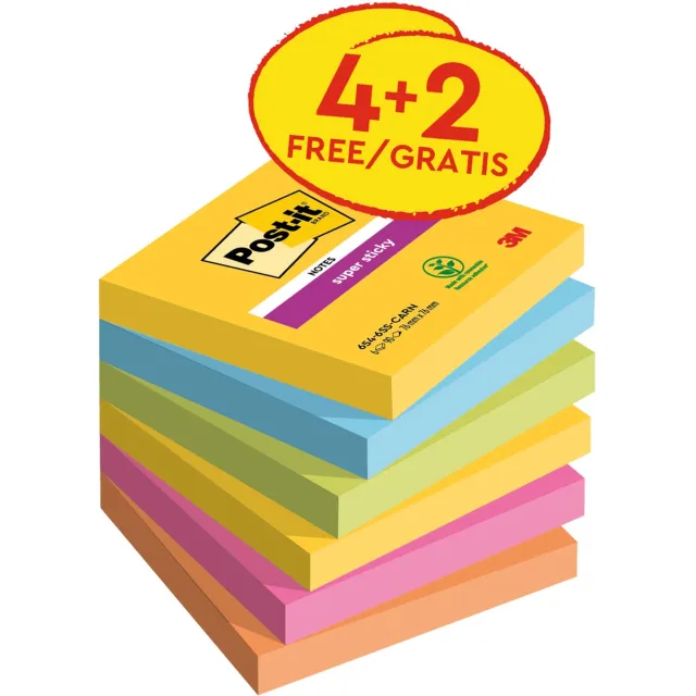 Post-it Super Sticky notes Carnival, 90 vel, ft 76 x 76 mm, 4 + 2 GRATIS blauw