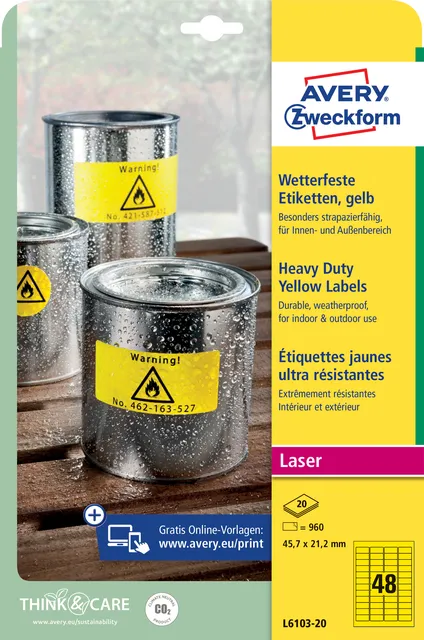Avery Zweckform Etiket Avery L6103-20 45.7x21.2mm geel 960 stuks