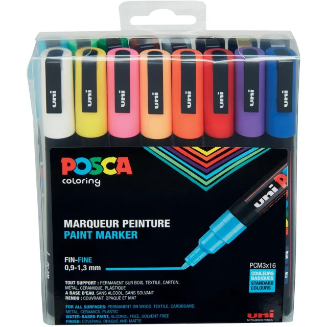 Posca Uni POSCA paintmarker PC-3M, 1,5 mm, etui van 16 stuks in geassorteerde kleuren blauw