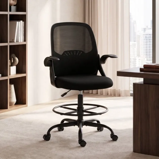 MODENUIT Bureaustoel 57 tot 77 cm - Verstelbare Lendensteun en Voetring - Voor Bureau - Polyester - Zwart