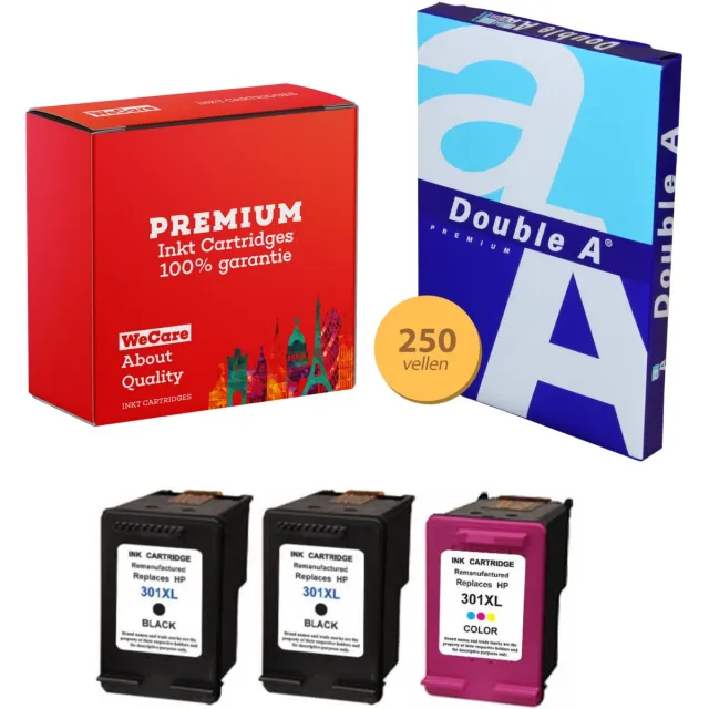 WeCare 3-pack Geschikt voor HP 301XL Inktcartridges + pak DoubleA papier - Geschikt voor HP Deskjet 1000 - 3510 - HP Envy 4500 - 5530 - Officejet 2620 - 4630 Multipack 2x Zwart + Kleur
