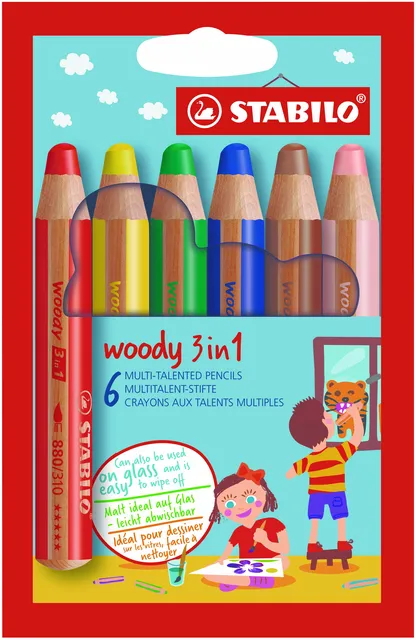 Stabilo Kleurpotloden STABILO 880 woody 3 in 1 assorti etui à 6 stuks
