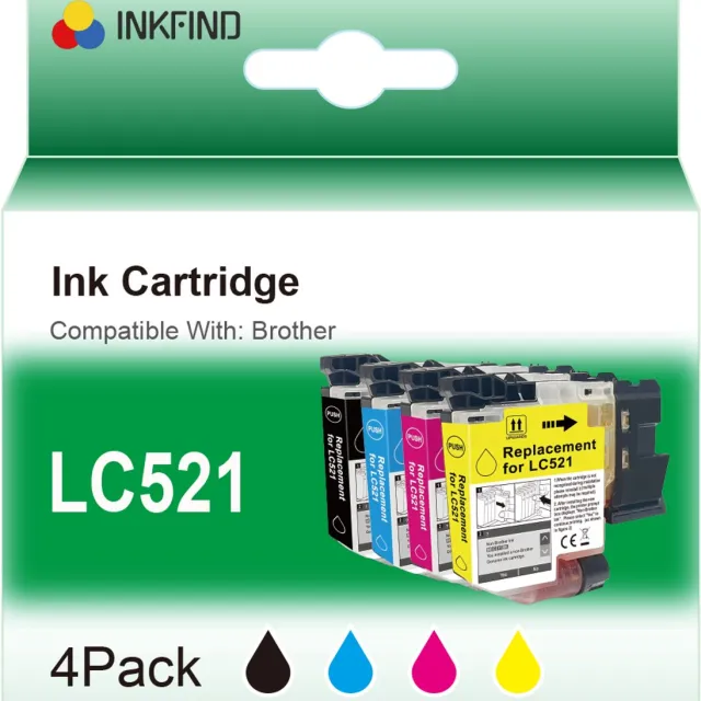 INKFIND LC521 Zwart/Cyaan/Magenta/Geel inktcartridge compatibel met Brother LC521 LC-521 LC521VAL multipack van 4 stuks (Zwart x 1, Cyaan x 1, Magenta x 1, Geel x 1) geschikt voor Brother DCP-J1260W/J1310DW/J1313DW/J1360DW/J1460DW - 4-pack BKCMY