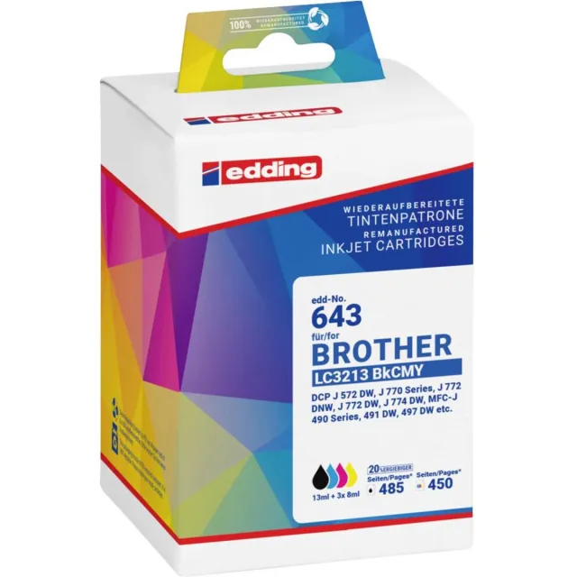 Edding Inktcartridge vervangt Brother LC3213BKCMY Compatibel Combipack Zwart, Cyaan, Magenta, Geel EDD-643 18-643 Zwart;Cyaan;Magenta;Geel