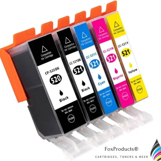 FoxProducts PGI-520xl / CLI-521xl, 520 521 multipack van 5stuks inktcartridges geschikt Canon, Pixma iP3600, IP4600, IP4700, MP540, MP5410, MP550, MP560, MP620, MP630, MP640, MP980, MP990, MX860, MX870 Zwart, Photo Zwart, blauw, magenta, geel