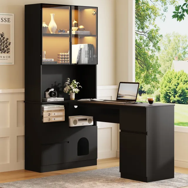 MODFU Hoekbureau - L-Vormig Met LED-Vitrine En 3 Lades - MDF - Zwart