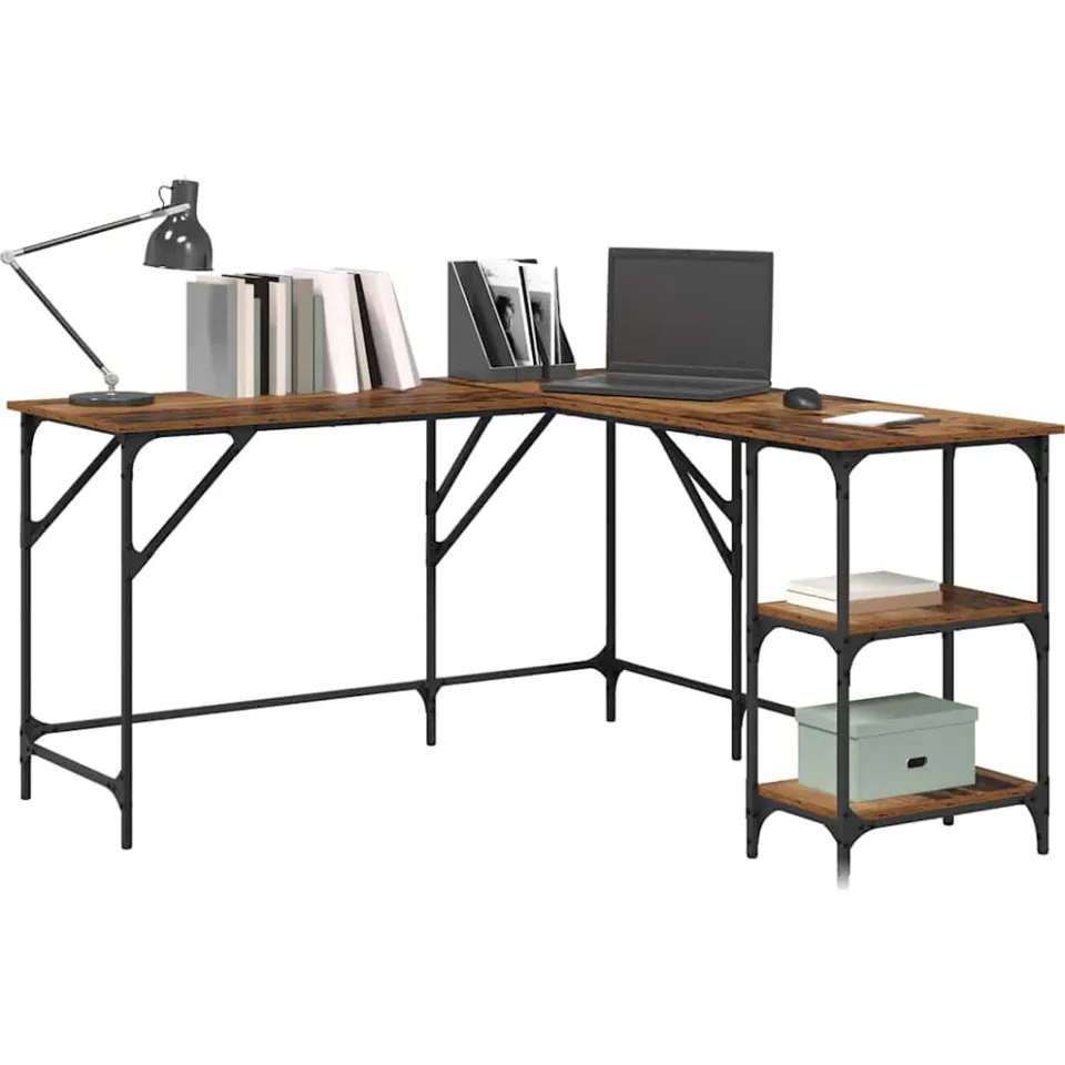 vidaXL Bureau Oud Hout 139 x 139 x 75 cm Bewerkt hout Bruin