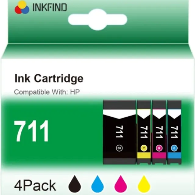 INKFIND 711XL Inktcartridge voor HP711 HP 711 HP 711X HP711X HP 711XL | Multipack van 4 stuks (1 x zwart, 1 x cyaan, 1 x magenta, 1 x geel) Geschikt voor HP Designjet T120 - T125 - T130 - T520 - T525 - T530 Zwart x 1, Cyaan x 1, Magenta x 1, Geel x 1