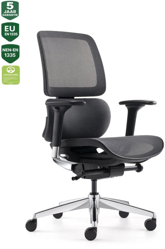Bens 839D-Synchro-3 - Ergonomische Bureaustoel - Bureaustoel voor volwassenen - Kantoorstoel - Zwevende Zitting - Gepolijst Aluminium Voetenkruis - NEN-EN1335 & ARBO normen - GREENGUARD GOLD Diep Grijs