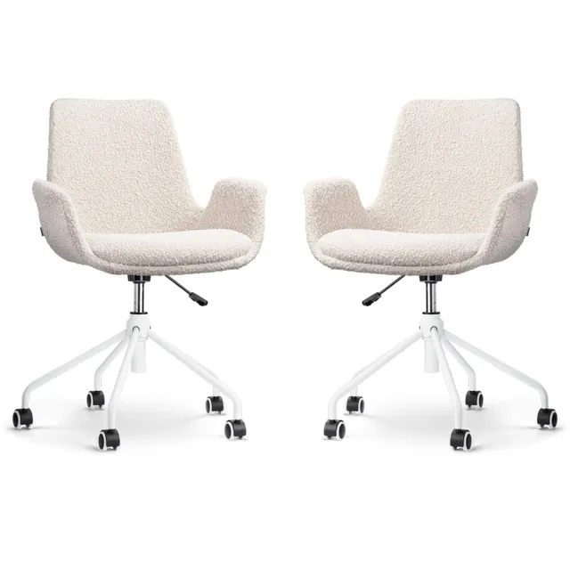 Nolon Nout-Eef Bureaustoelen Set van 2 Bouclé Beige - Stof - Verstelbaar - Wielen - Wit Onderstel - Lage Armleuning - Modern - Design Bouclé - Beige - Wit onderstel