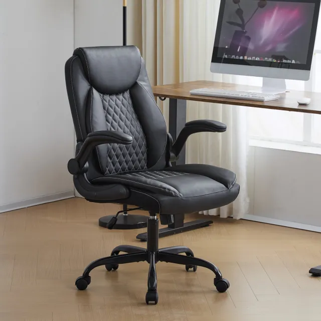 REDOM Bureaustoel - Ergonomische hoge rugleuning - Verstelbare armleuningen en 360° wielen - Lendensteun - Minimalistische moderne stijl - Leer - Zwart - 64 x 48 x 112 cm