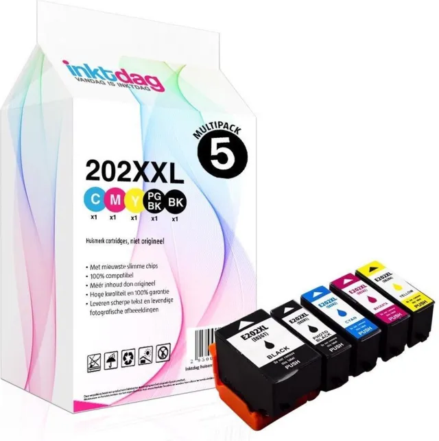 inktdag inktcartridges voor Epson 202, Epson 202xl multipack van 5 kleuren (1*zwart, 1*foto zwart, 1*C/M/Y) Multipack van 5 cartridges voor Expression Premium XP 6000, XP 6005, XP 6100 en XP 6105