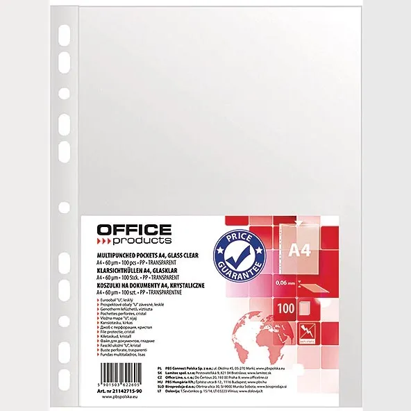 Office Products geperforeerde showtas, A4, 60 micron, glashelder, pak van 100 stuks