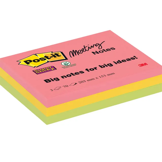 Post-it Super Sticky Meeting notes, 70 vel, ft 203 x 153 mm, geassorteerde kleuren, pak van 3 blokken geel