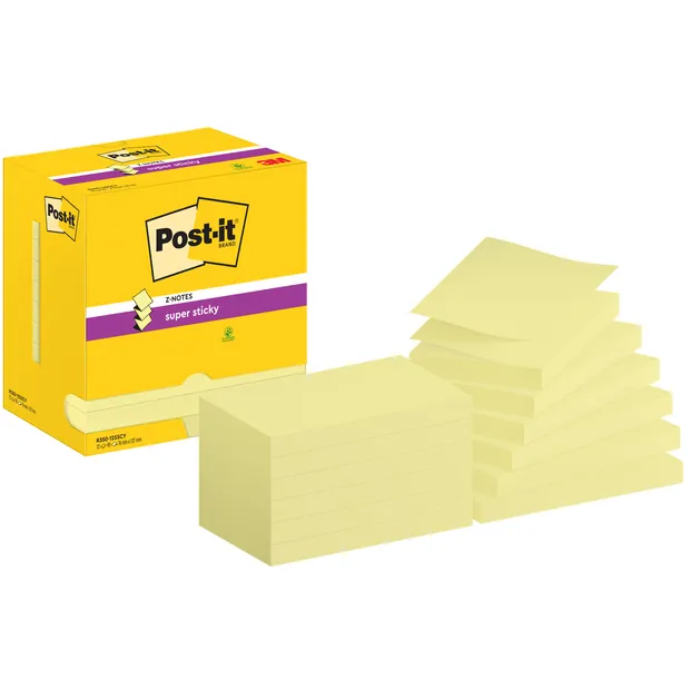 Post-It Memoblok Post-it Z-Note S350 Super Sticky 76x127mm geel 12 stuks