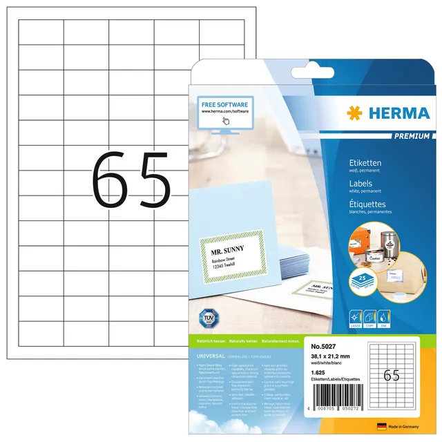Herma Etiket HERMA 5027 38.1x21.2mm premium wit 1625 stuks