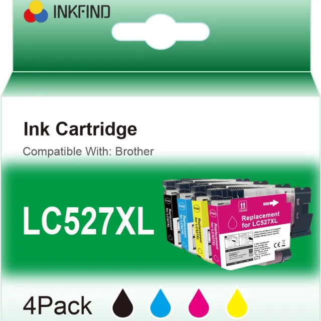 INKFIND LC527XL Zwart/Cyaan/Magenta/Geel inktcartridge compatibel met Brother LC527XL LC-527XL LC527XLVAL Multipack van 4 stuks (Zwart x 1, Cyaan x 1, Magenta x 1, Geel x 1) geschikt voor Brother MFC-J4350DW/J4550DW - 4-pack BKCMY
