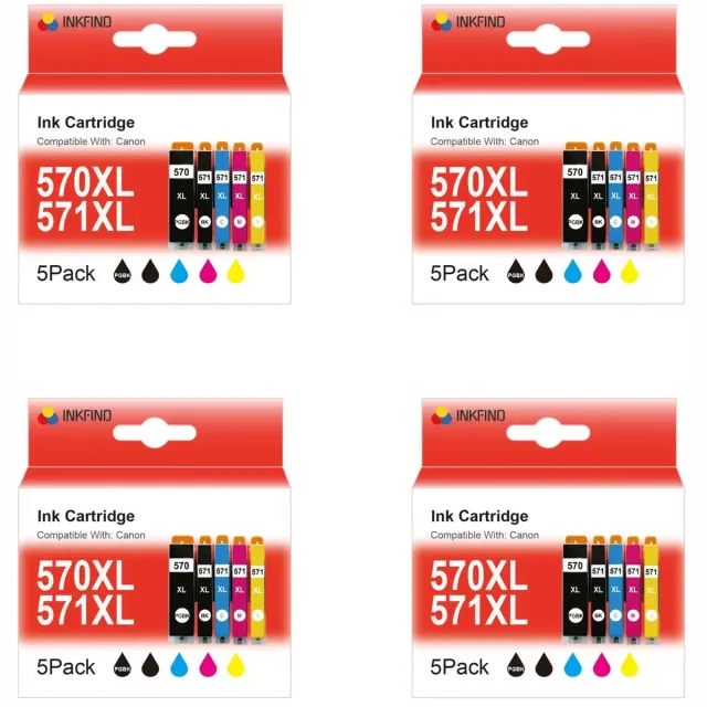 INKFIND 570XL 571XL inktcartridge voor Canon PGI570XL CLI571XL PGI-570XL CLI-571XL inktcartridge multipack 20 stuks (4*5pack=Zwart x 4, foto Zwart x 4, Cyaan x 4, Magenta x 4, Geel x 4) voor MG5700 MG5750 MG5751 MG5752 MG5753 MG6800 MG6850 MG6851