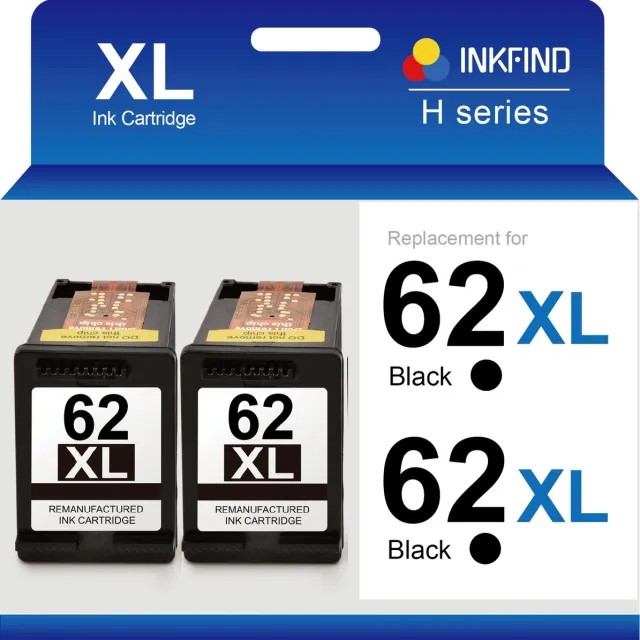 INKFIND 62XL Geschikt voor HP62 HP62XL HP 62 HP 62XL C2P05AE Inktcartridge - Hoge Capaciteit 2-pack Zwart 2-pack Zwart x 2