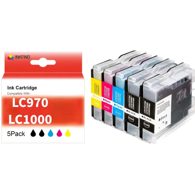 INKFIND LC970 LC1000 inktcartridge voor Brother LC970 LC1000 LC-970 LC-1100 inktcartridge multipack 5 stuks (Zwart x 2, Cyaan x 1, Magenta x 1, Geel x 1)