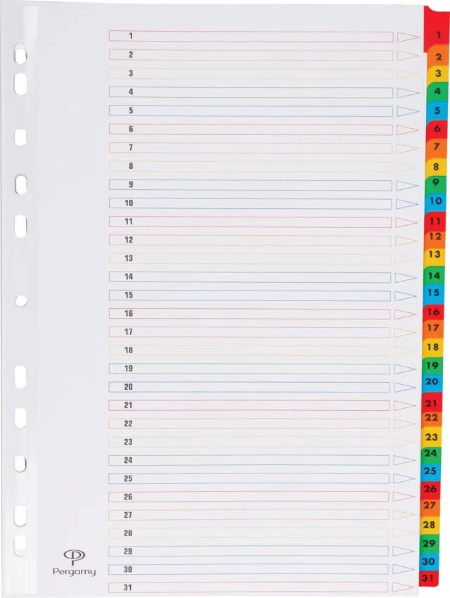 Pergamy tabbladen met indexblad, ft A4, 11-gaatsperforatie, geassorteerde kleuren, set 1-31 wit