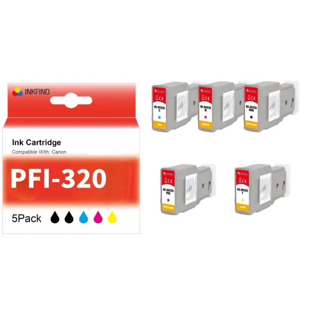 INKFIND PFI-320 inkt cartridge geschikt voor Canon PFI-320 van 5 stuks multipack (1 x BK, 1 x MBK, 1 x Cyaan, 1 x Magenta, 1 x Geel) geschikt voor Canon imagePROGRAF GP200 GP300 TM200 TM205 TM300 TM305 1 x Zwart, 1 x MZwart, 1 x Cyaan, 1 x Magenta, 1 x Geel
