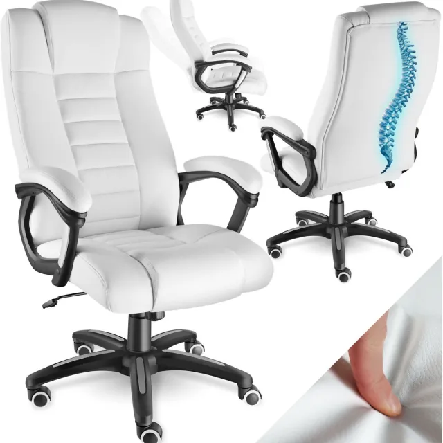 Tectake Bureaustoel - Luxe directiestoel - Draaistoel met wielen - In hoogte verstelbaar - Ergonomische computerstoel van kunstleer - Inclusief armleuningen en wipfunctie - Vulling 12 cm - Zithoogte 42-50 cm - Wit