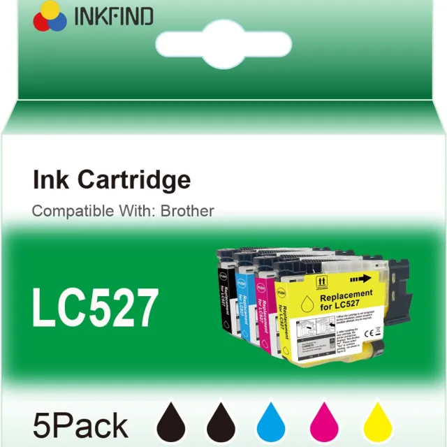 INKFIND LC527 Zwart/Zwart/Cyaan/Magenta/Geel inktcartridge compatibel met Brother LC527 LC-527 LC527VAL Multipack van 5 stuks (Zwart x 2, Cyaan x 1, Magenta x 1, Geel x 1) geschikt voor Brother MFC-J4350DW/J4550DW - 5-pack BK+BK/CMY