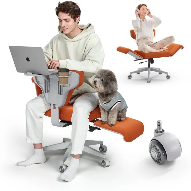 Newtral Ergonomische Bureaustoel met Inklapbare Laptoptafel - Directiestoel met Verstelbare Rugleuning en Armleuningen - voor Werk, Laptop, Ontspanning, Achteroverleunen en Huisdieren Oranje