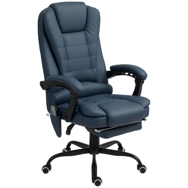 OKWISH Bureaustoelen - Ergonomische Bureaustoel Met Massage - 7 Vibratiezones en Verstelbare Voetsteun - Voor Werkuren en Homeoffice - 67×67×121 cm - Leer - Blauw