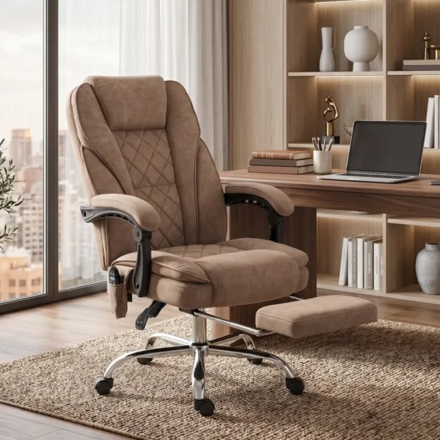 HAUSS SPOLE Bureaustoel – Ergonomisch Design – Met 6-Punts Massage, Lendenverwarming En Uitschuifbare Voetsteun – Voor Thuiswerkplek – Bruin