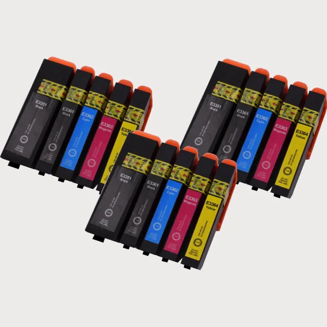 KATRIZ huismerk inkt voor Epson 3x T3351XL BK + 3x T3361XL BK + 3x T3362XL c + 3x T3363XL M + 3x T3364XL Y |(15stuks)- Met chip Zwart, Foto Zwart, Cyaan, Magenta, Geel