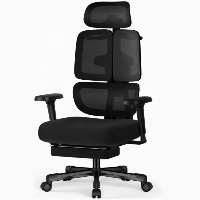 Hiaonyx bureaustoel met voetensteun–Ergonomische bureaustoel voor Volwassenen–6D Armleuningen–3D Hoofdsteun–Drievoudige Rug-en Lendensteun–Verstelbare Rugleuning tot 160°-Zwart