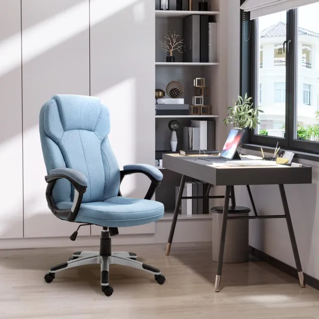 MIVRAY Bureaustoel 66 x 75 x 110-120 cm - Ergonomisch Hoog Model Met Verstelbare Hoogte, Kantelfunctie En Wielen - Linnen Lichtblauw