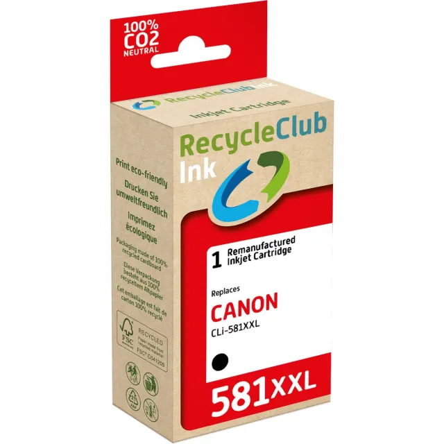 RECYCLECLUB inktcartridge - Inktpatroon - Geschikt voor Canon - Alternatief voor Canon CLi-581XXL Zwart 12ml - 800 pagina's