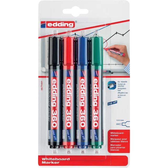 Edding 360 whiteboardmarker, blister met 4 stuks assorti blauw