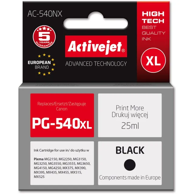 ActiveJet AC-540NX inkt voor Canon printer (vervanger voor Canon PG-540XL) Supreme, 25 ml, zwart
